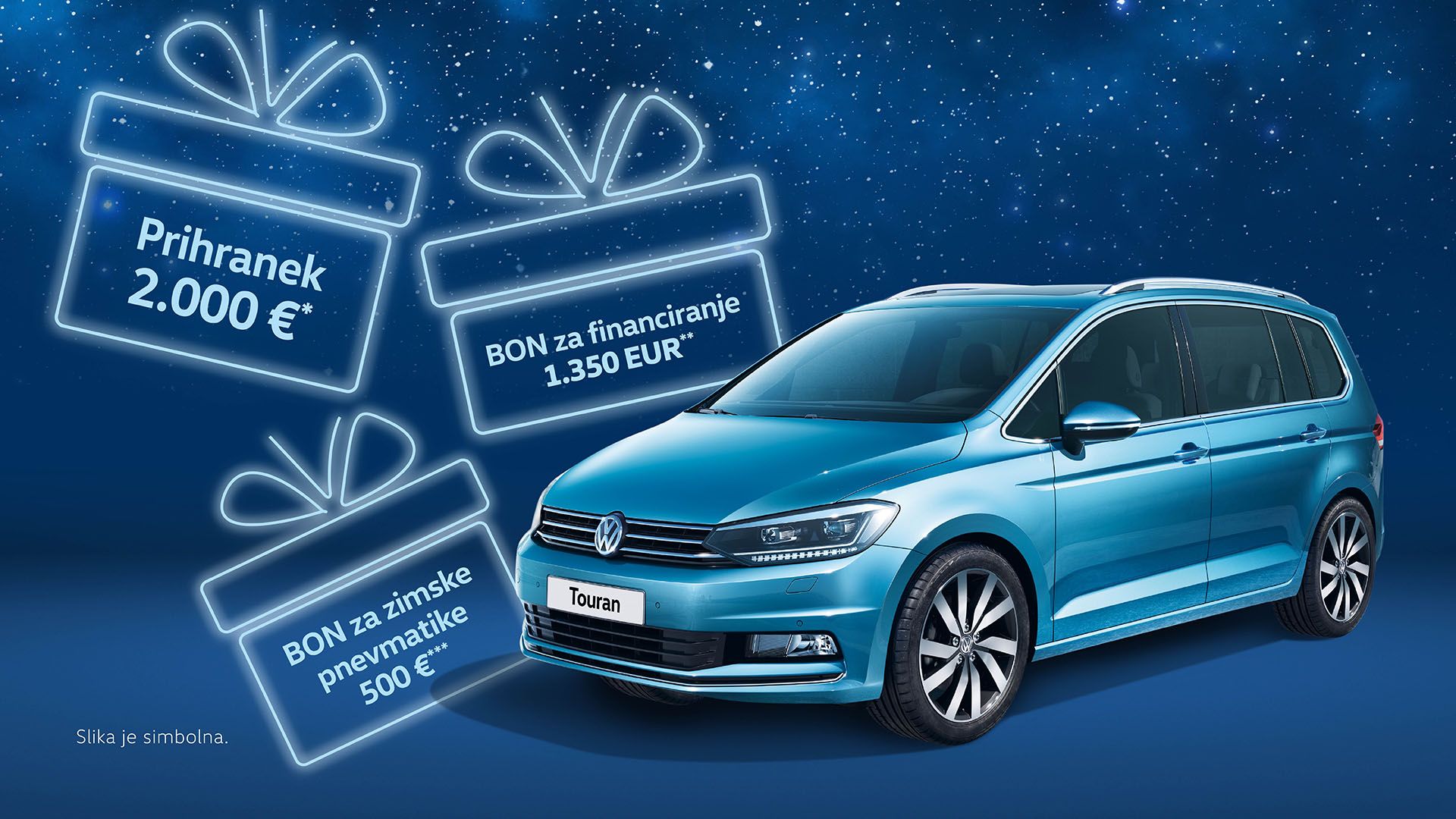 Slika prikazuje modro vozilo Volkswagen Touran, obdan z darilnimi boni. Na bonih so napisane ugodnosti pri nakupu tega avtomobila, kot so prihranek 2000€, bon za financiranje 1350€ in bon za zimske pnevmatike 500€. V ozadju je zvezdnato nočno nebo.