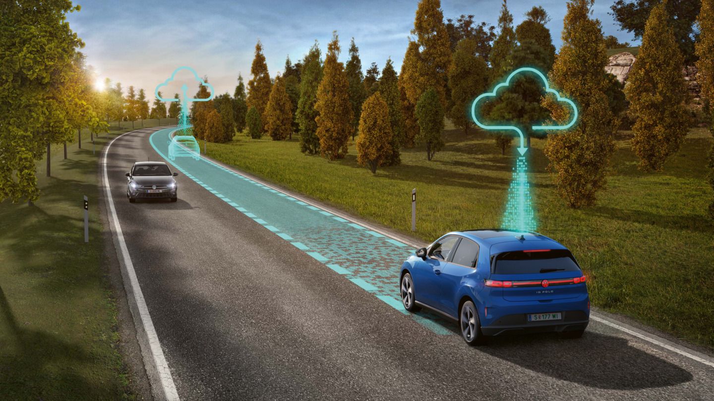 Shematska ilustracija prikazuje funkcionalnost Travel Assist z modrim VW ID. Polo
