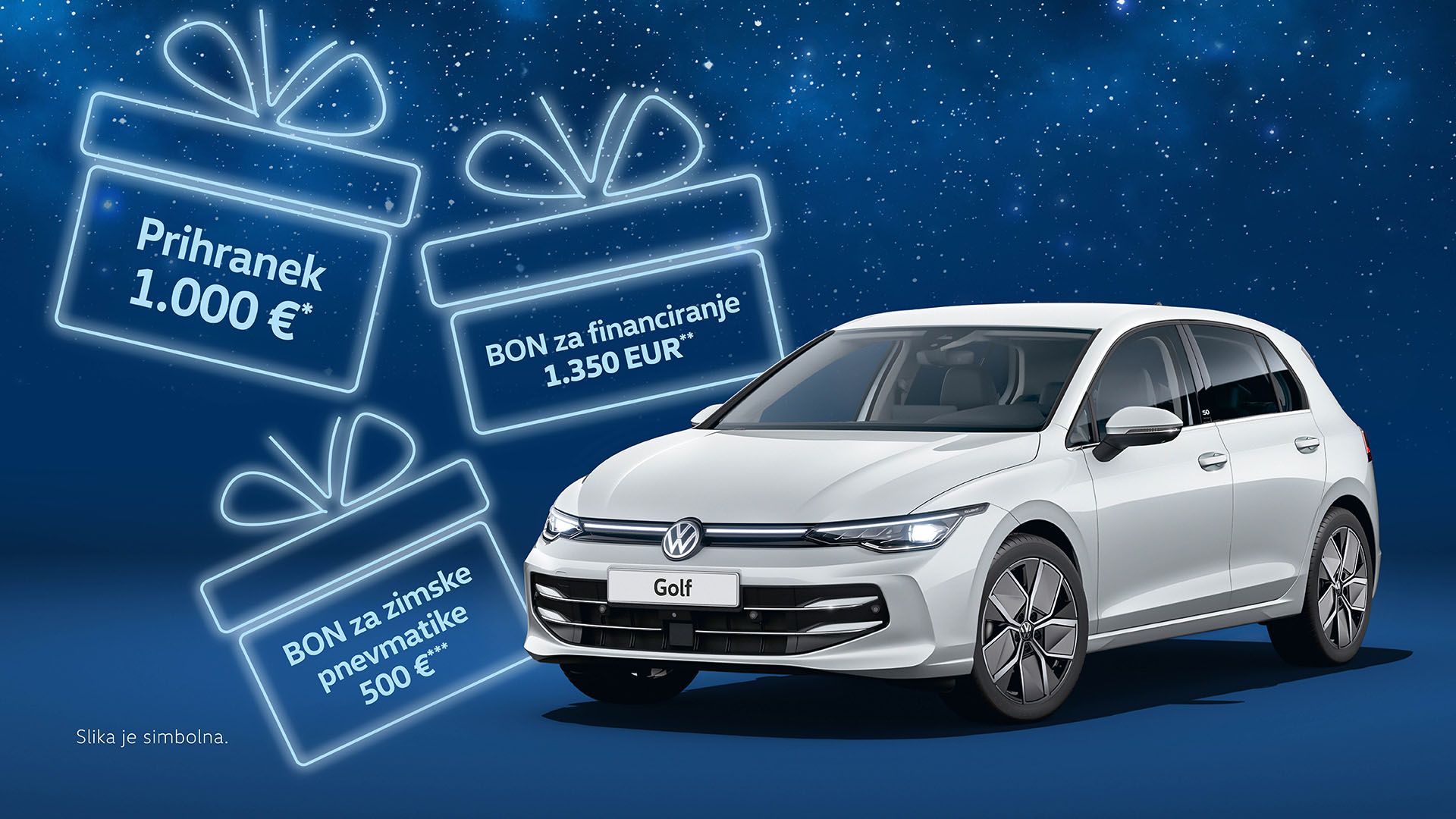 Slika prikazuje beli Volkswagen Golf s tremi darilnimi boni. Prvi bon je za prihranek 1000 €, drugi za financiranje 1350 €, tretji pa za zimske pnevmatike 500 €. Ozadje je večerno nebo s svetlečimi zvezdami.