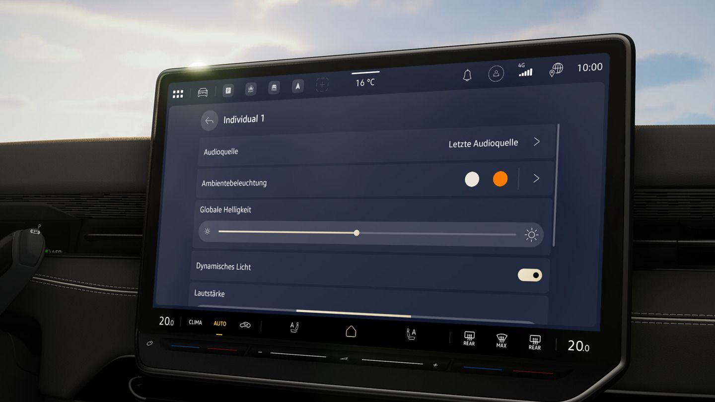 Das Bild zeigt das Infotainment System eines ID. Modells und die Einstellungen des Ambiente-Profil