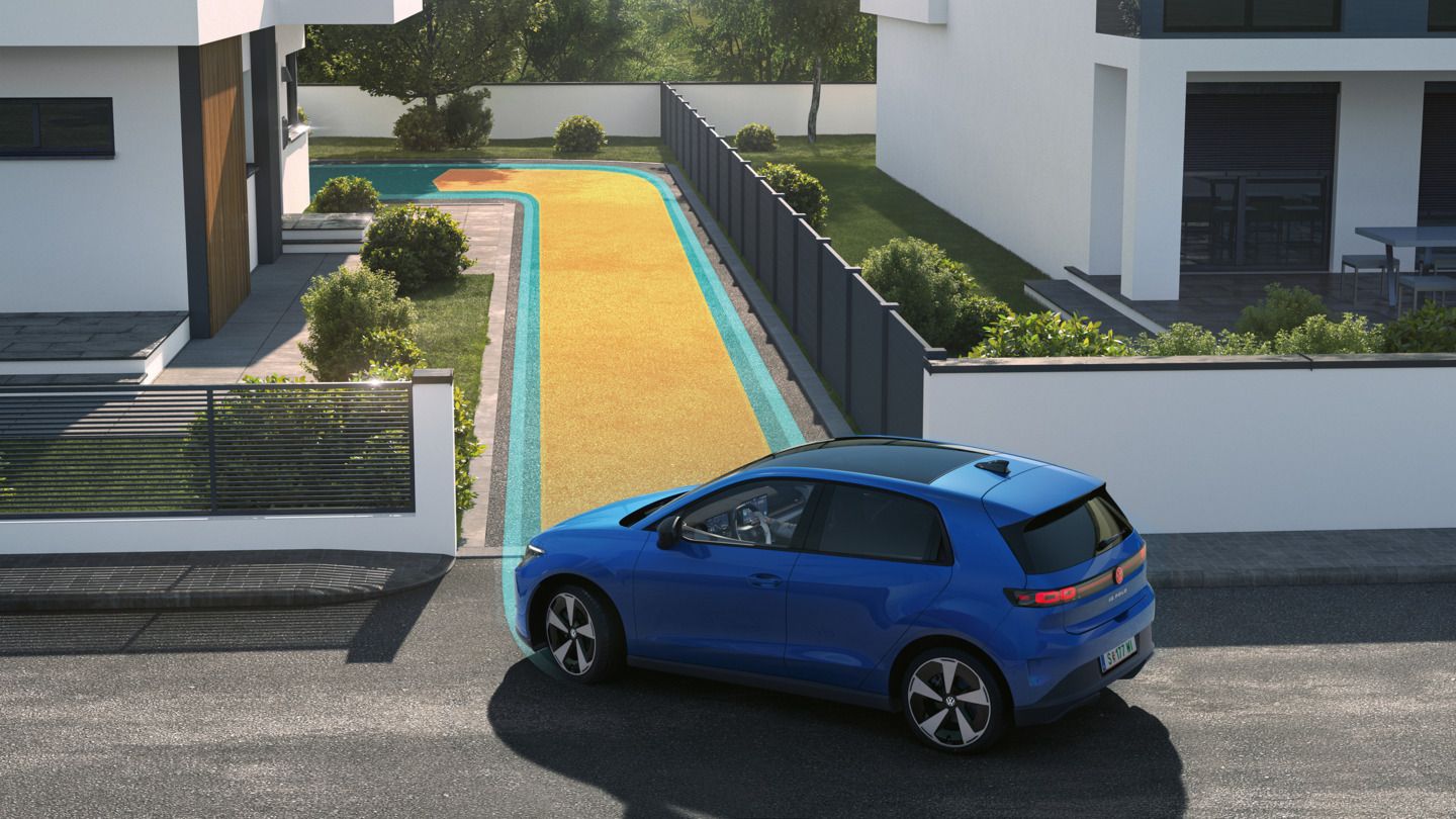 Shematska ilustracija prikazuje funkcionalnost pomnilniške funkcije za parkirnega pomočnika z uporabo VW ID. Polo