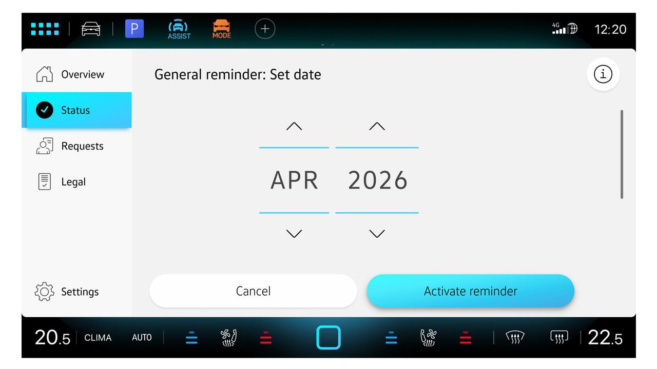 Zaslon infotainment sistema z izbiro termina v aplikaciji In-Car Servis vozila