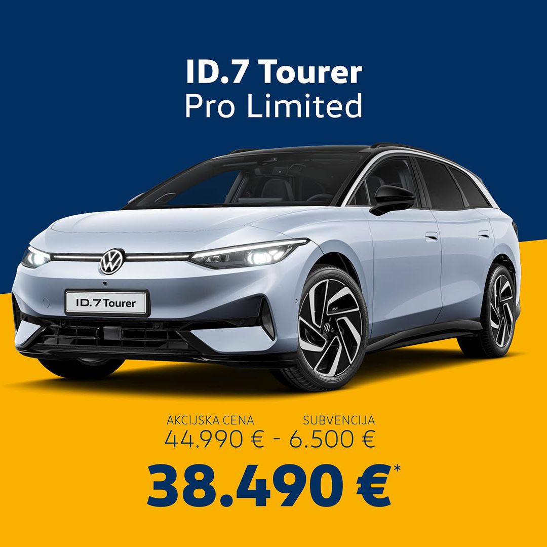 Slika prikazuje Volkswagen ID.7 Tourer Pro Limited na modro rumenem ozadju. Prikazana je njegova akcijska cena 38.490 €, ki vključuje subvencijo 6.500 €. 