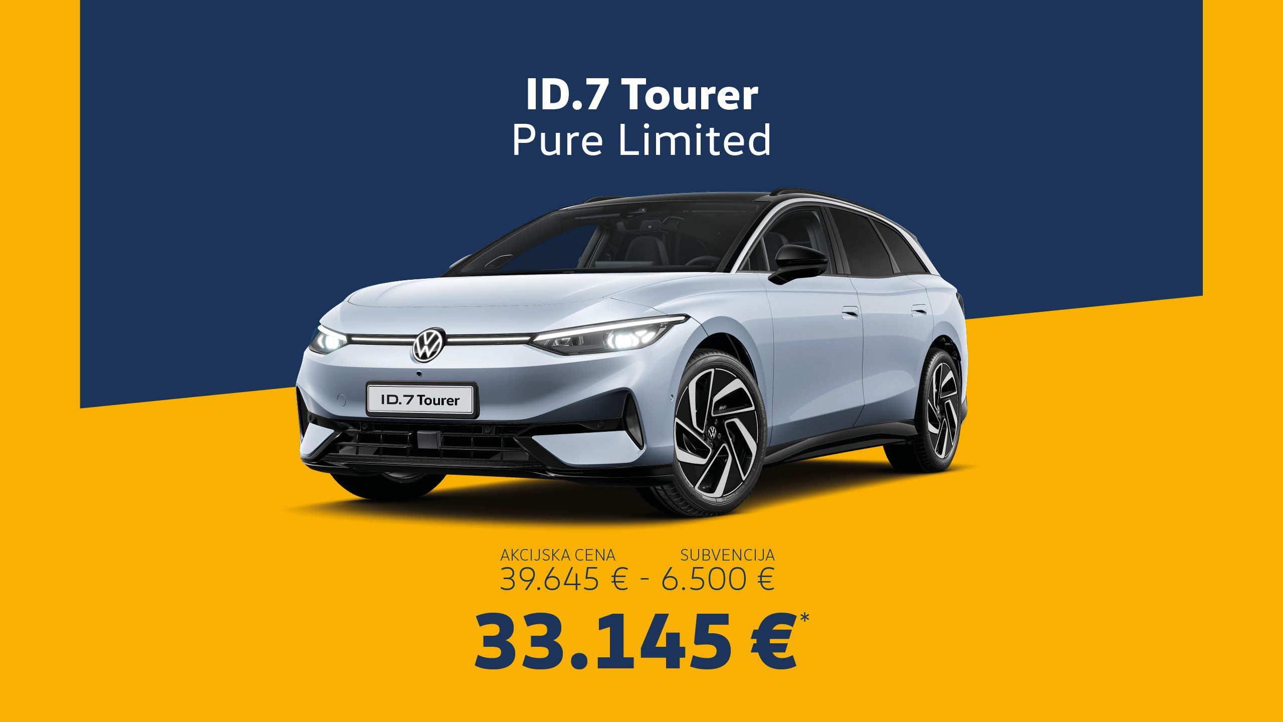 Slika prikazuje Volkswagen ID.7 Tourer Pro Limited na modro rumenem ozadju. Prikazana je njegova akcijska cena 38.490 €, ki vključuje subvencijo 6.500 €. 