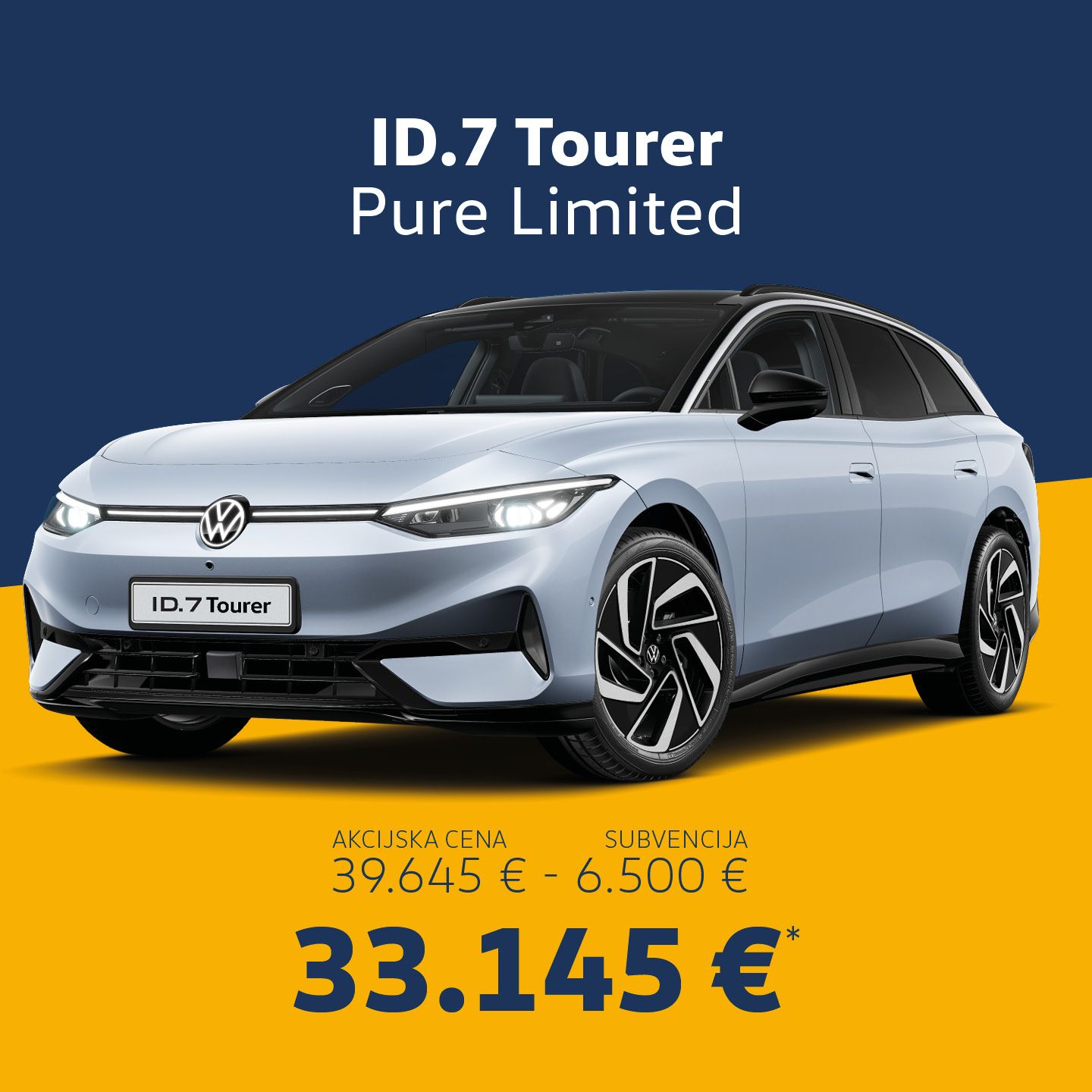 Slika prikazuje Volkswagen ID.7 Tourer Pro Limited na modro rumenem ozadju. Prikazana je njegova akcijska cena 38.490 €, ki vključuje subvencijo 6.500 €. 