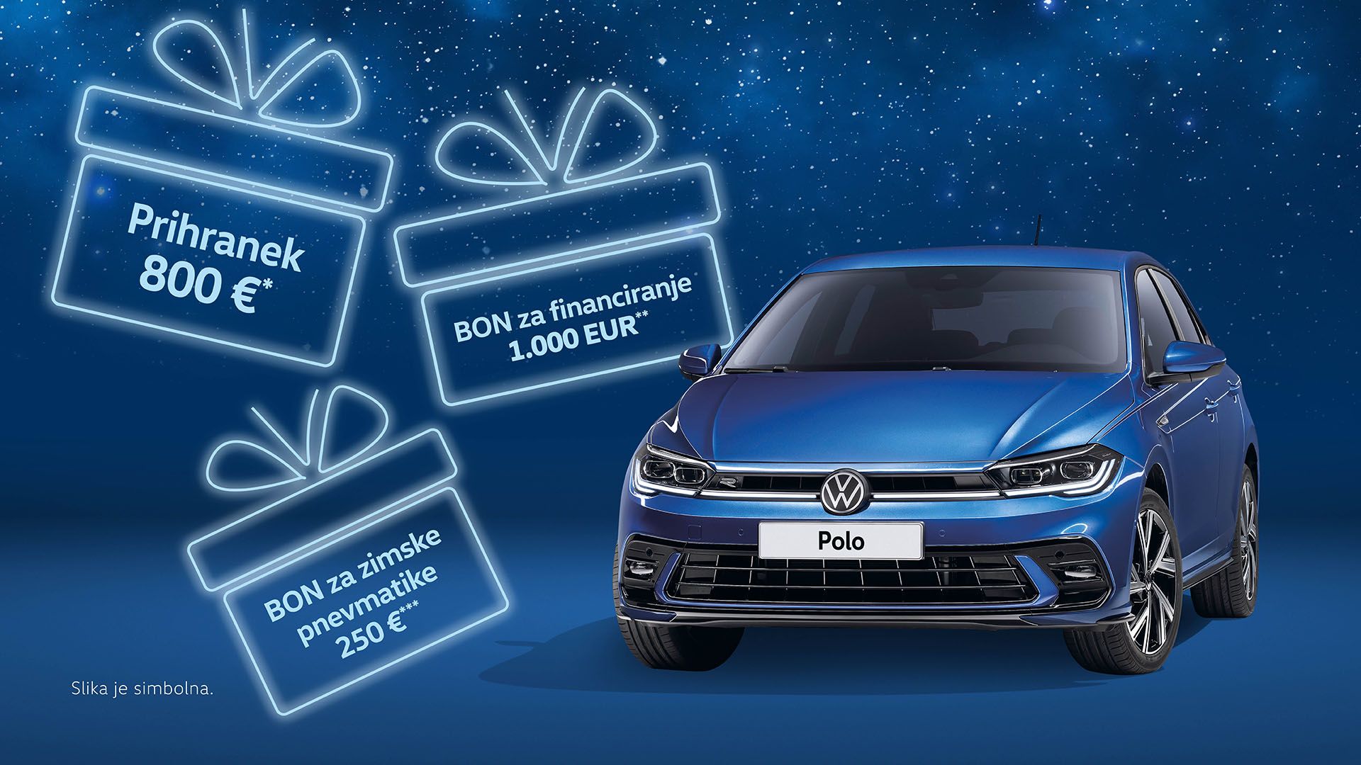 Slika prikazuje modri avtomobil Volkswagen Polo obdarovan s tremi boni: prihranek 800 €, bon za financiranje 1.000 € in bon za zimske pnevmatike 250 €. Ozadje je nočno nebo s svetlečimi zvezdami.