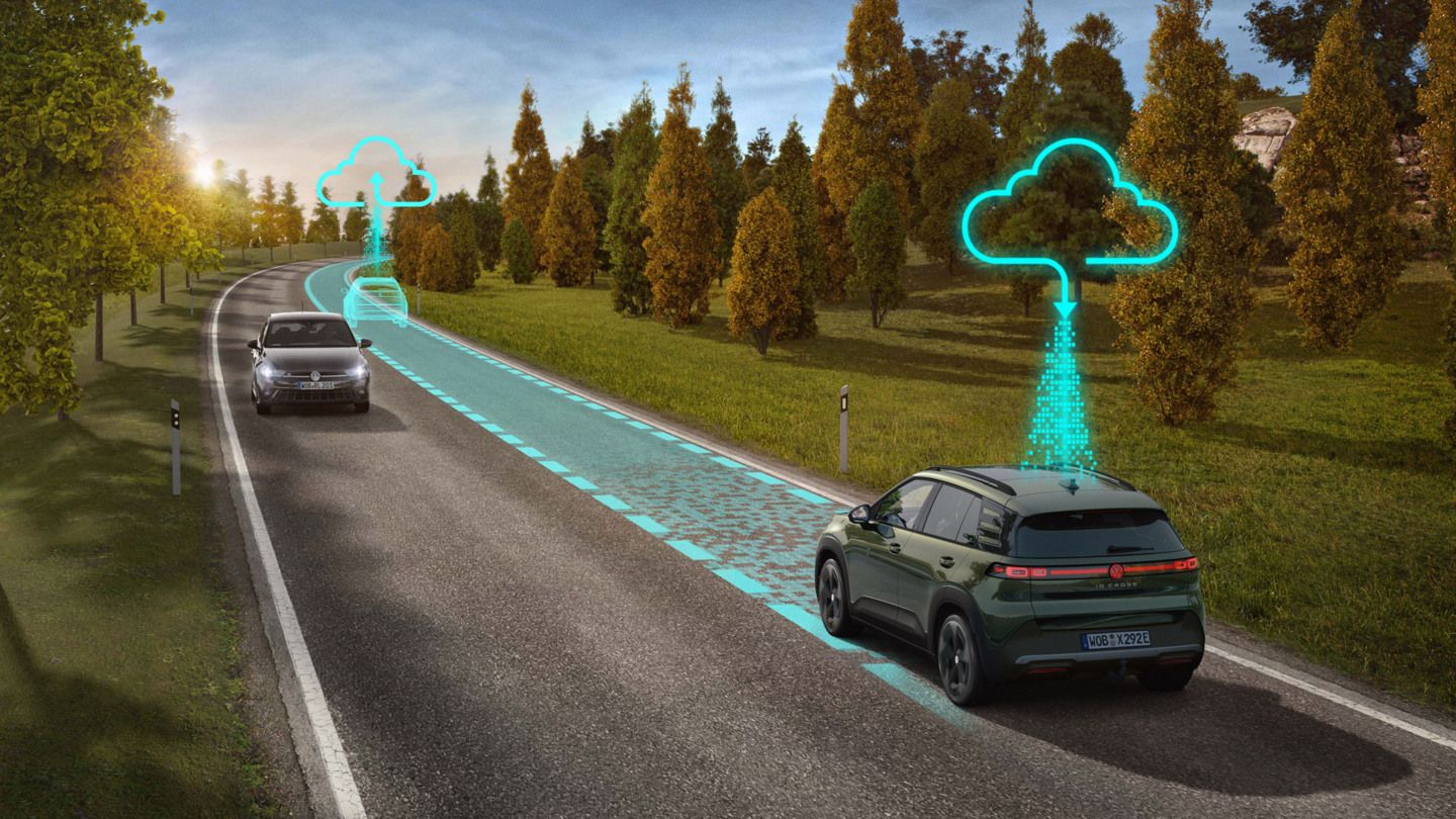 Illustration zeigt schematisch anhand eines grünen ID. Cross die Funktionsweis des Travel Assist
