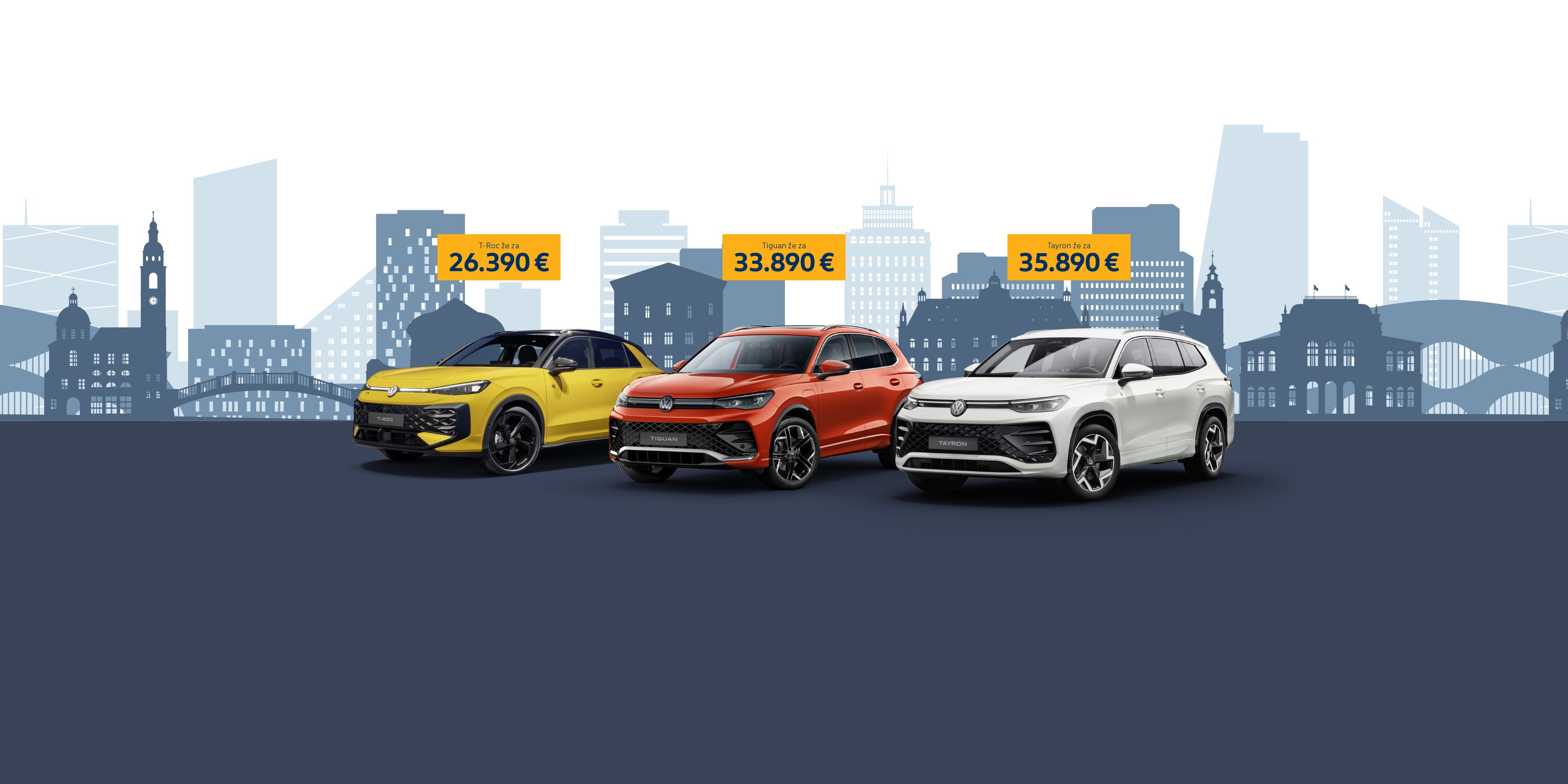 Oglas prikazuje Volkswagen T-Roc, Tiguan in Tayron, postavljeni v vrsto na temnem ozadju. Nad avtomobili je napis: »Prava izbira ima svoje ime.« Zgradbe v ozadju so stilizirane v modrih odtenkih in poudarjajo urbano okolje.