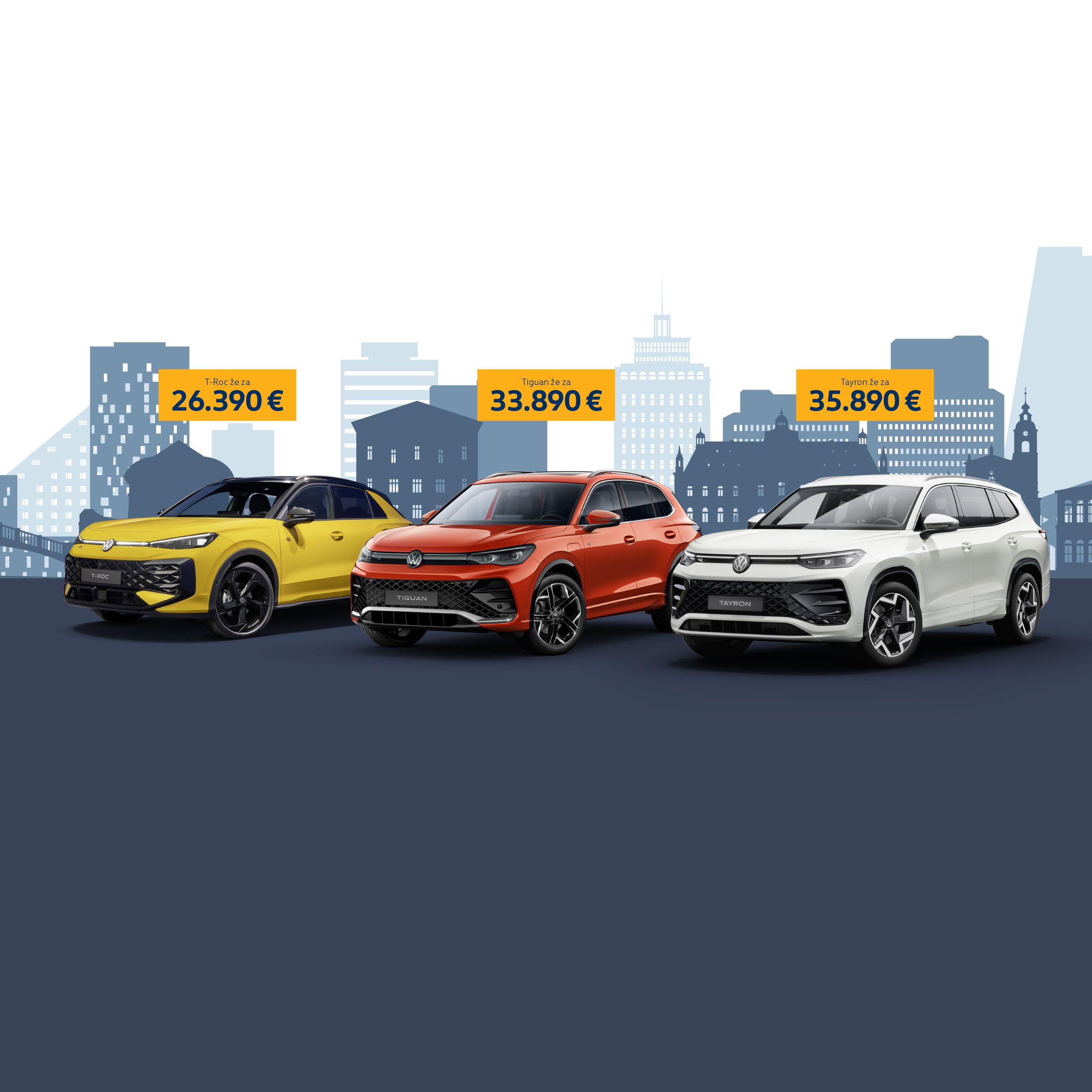 Oglas prikazuje Volkswagen T-Roc, Tiguan in Tayron, postavljeni v vrsto na temnem ozadju. Nad avtomobili je napis: »Prava izbira ima svoje ime.« Zgradbe v ozadju so stilizirane v modrih odtenkih in poudarjajo urbano okolje.