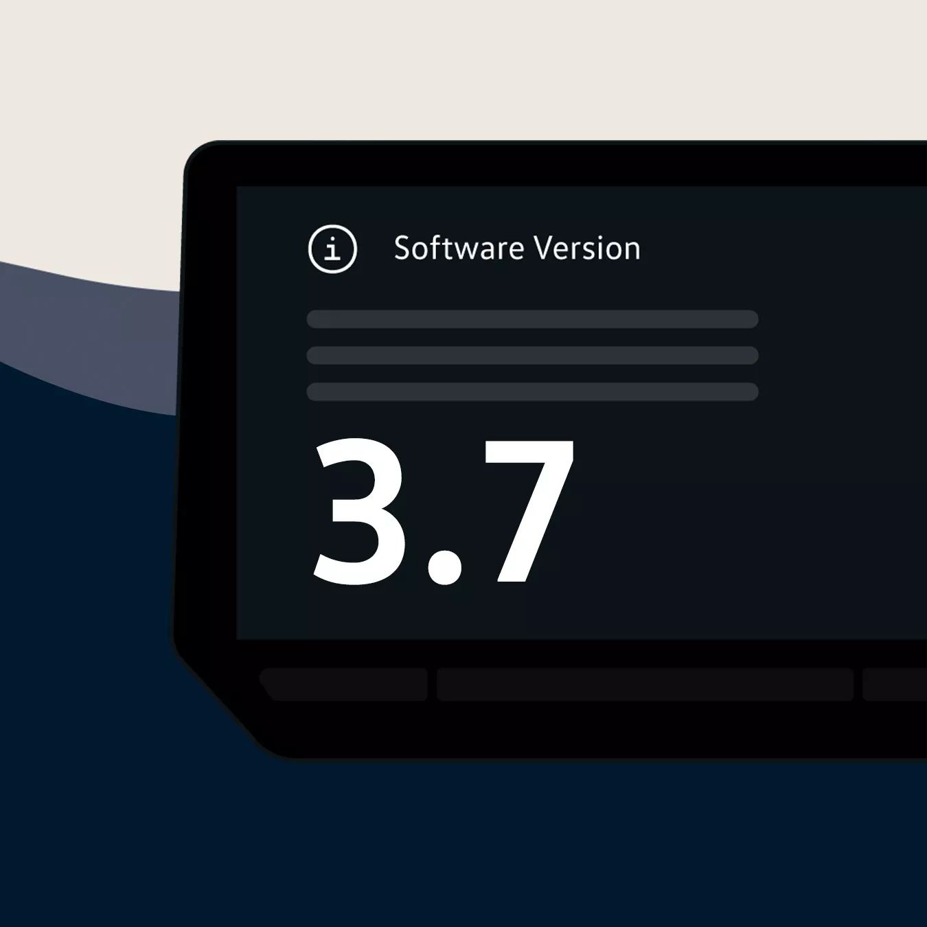 Grafische Darstellung einer Bildschirmoberfläche mit der Aufschrift „Software Version“ oben. Darunter ist in großer, weißer Schrift die Versionsnummer „3.7“ hervorgehoben. Der Hintergrund ist dunkel, mit abstrakten, geschwungenen Farbflächen in Blau- und Beigetönen.