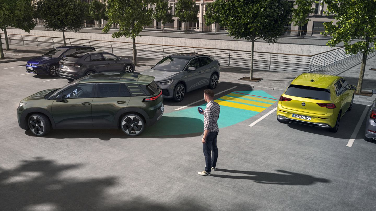 Illustration zeigt schematisch anhand eines VW ID. Cross die Funktionsweise des Park Assist Pro.