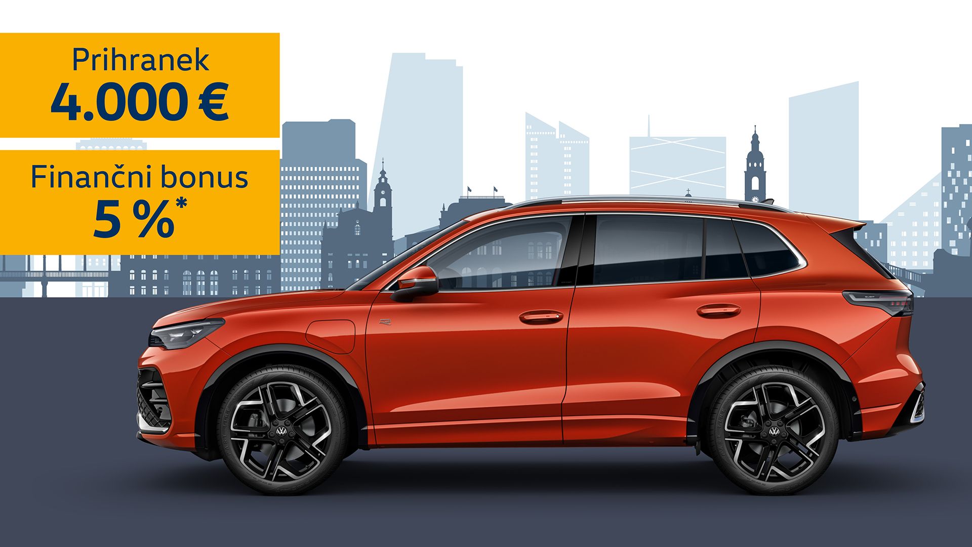 Promocijska slika rdečega Volkswagen Tiguana v profilu na temnem ozadju z mestno silhueto v ozadju. Na levi strani sta v rumenih poljih izpostavljena napisa “Prihranek 4.000 €” in “Finančni bonus 5 %*”. 