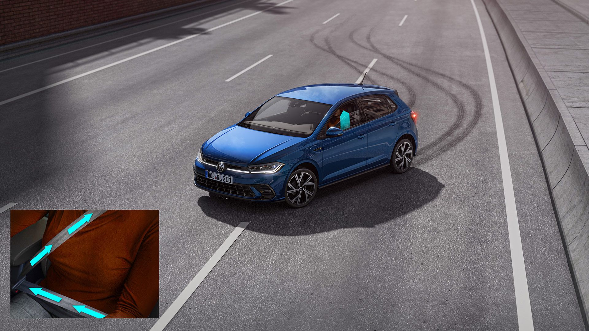 Abbildung zeigt die Technik des proaktiven Insassenschutzsystems im VW Polo
