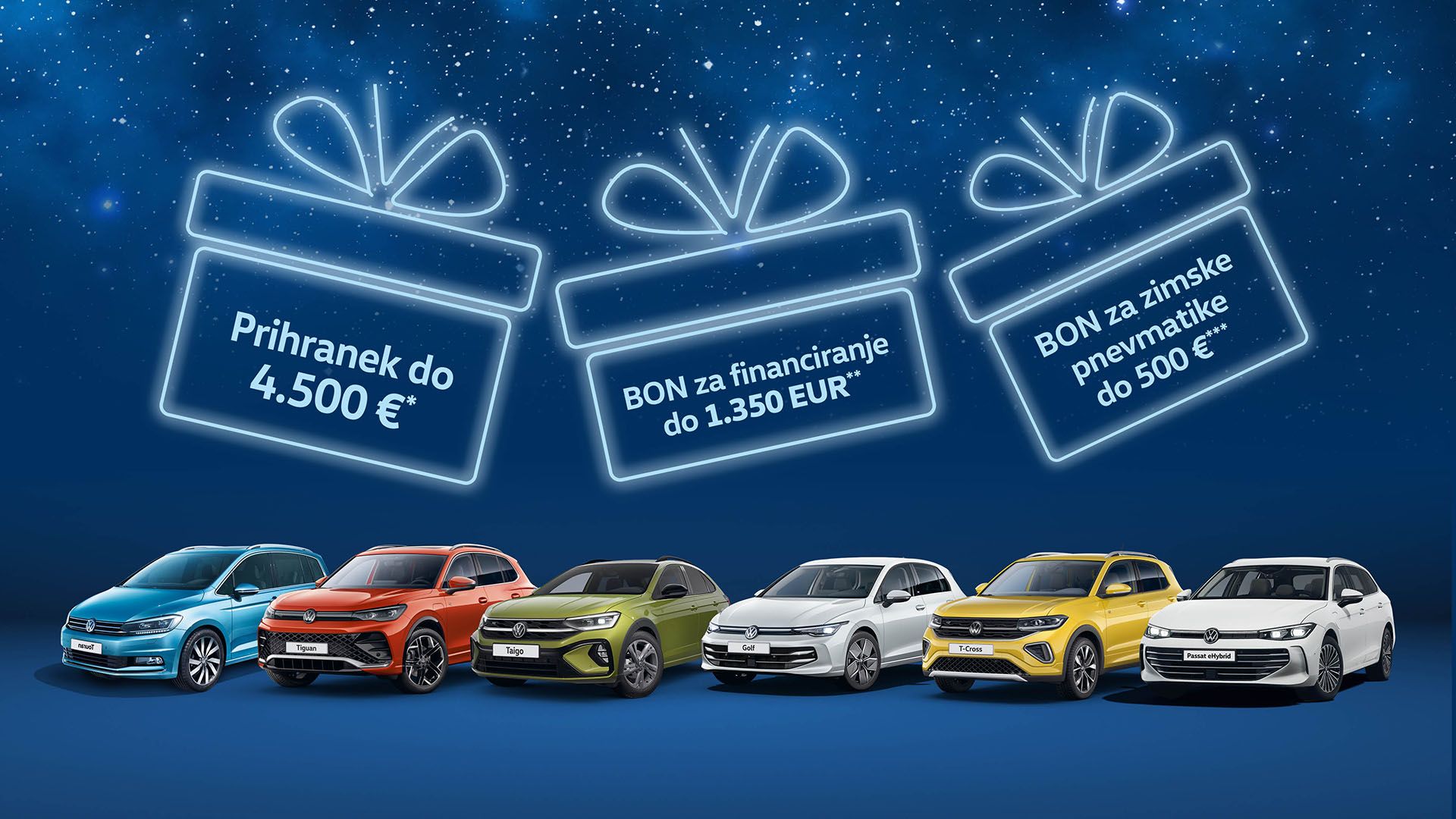 Slika prikazuje šest različnih modelov avtomobilov Volkswagen. Nad avtomobili so narisani trije darilni paketi z informacijami o prihrankih in bonih. Ozadje slike je modro z zvezdami.