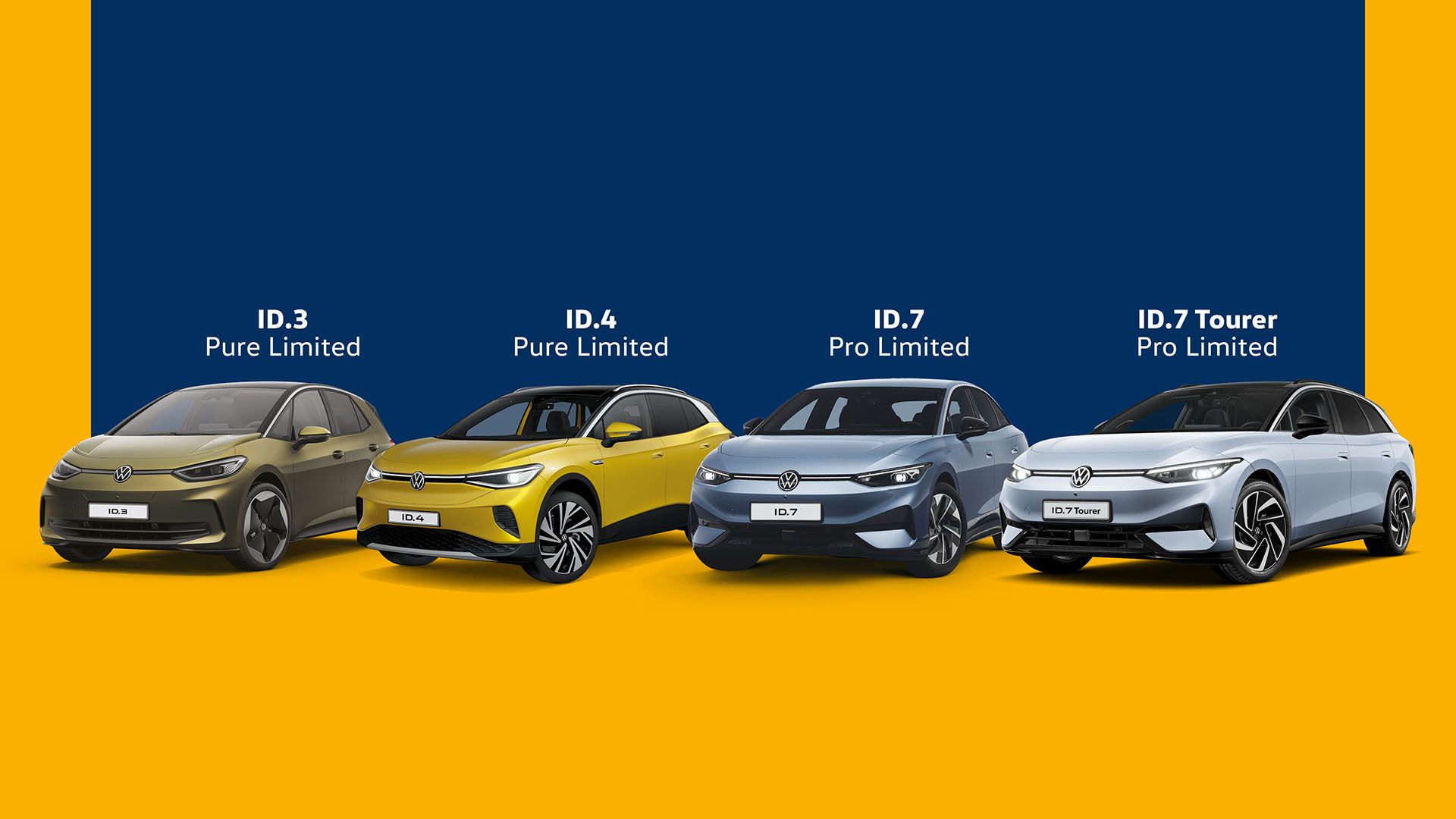 Na sliki so štirje avtomobili, razvrščeni od leve proti desni: ID.3 Pure Limited, ID.4 Pure Limited, ID.7 Pro Limited in ID.7 Tourer Pro Limited. Avtomobili so postavljeni na modro-rumenem ozadju.