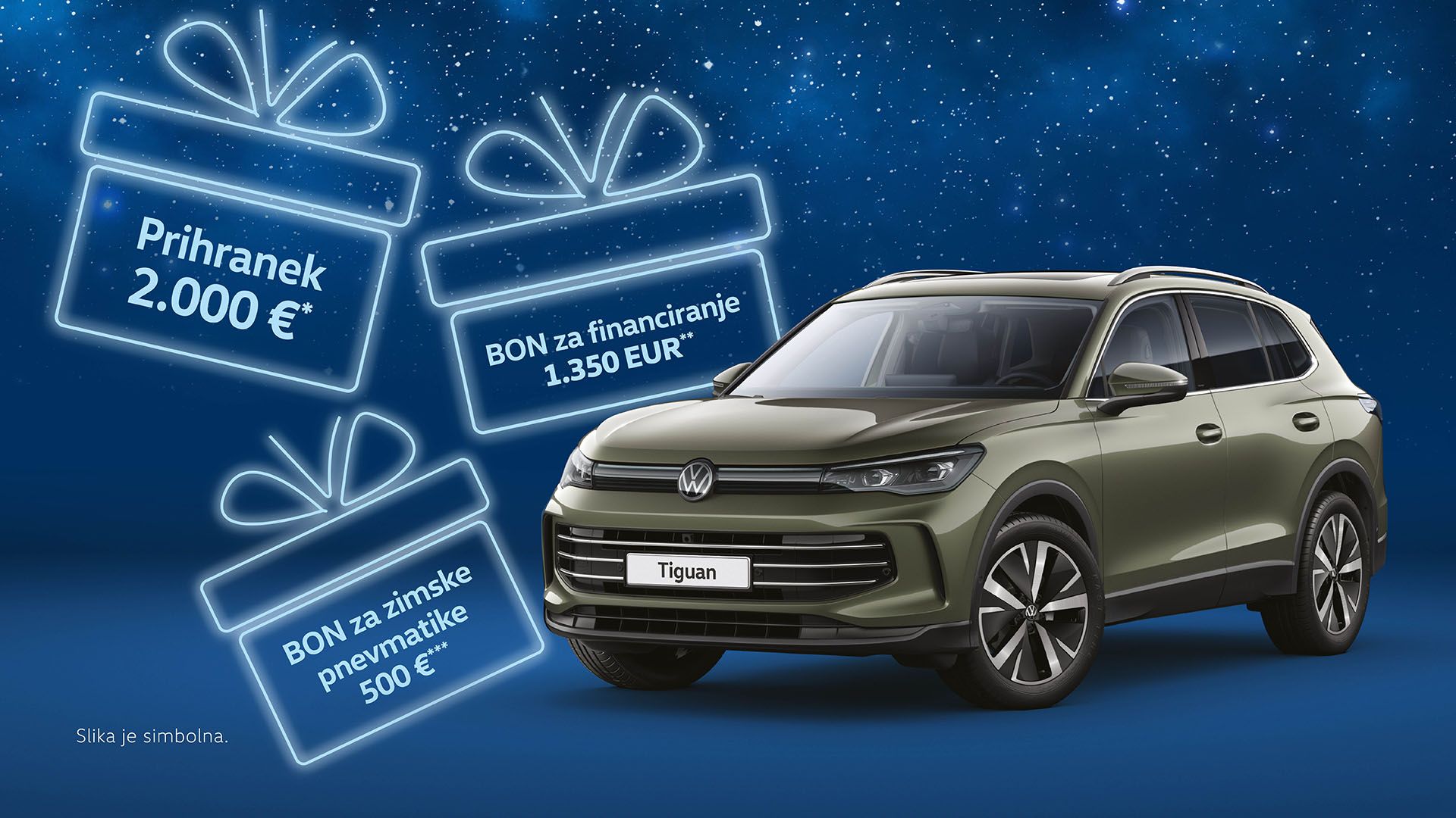 Slika prikazuje Volkswagen Tiguan na nočnem ozadju z zvezdnatim nebom. Okoli avtomobila so prikazane grafike daril s tekstom o prihranku in bonih za financiranje ter zimske pnevmatike. 